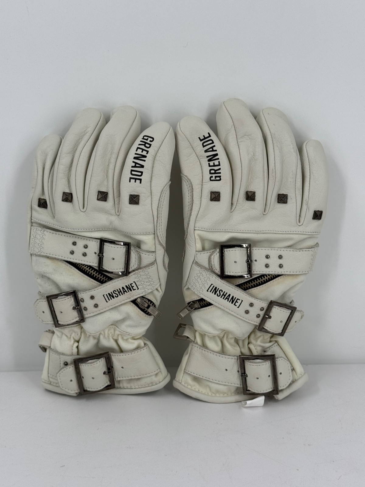 Grenade Gloves White Leather Buckle Insulated Winter Snowboard Gloves-Medium
