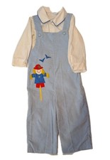 Vintage 2pcs Collared Top Blue Overalls Outfit W/ Scarecrow Size 18-24 Months