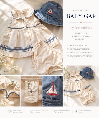 Vintage 1999 Baby GAP Newborn Outfit Set Nautical Dress Bloomers Hat Sailboat