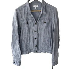 Michael Stars Button Front Linen Jacket Size Large Light Blue Pockets Collar
