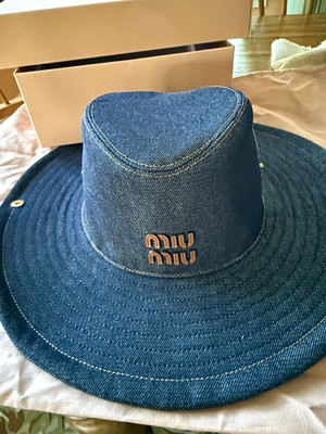 Miu Miu Blue Denim Wide Brim Sun Hat Logo Accent Women s Size S - Authentic