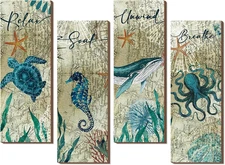 4 Pieces Beach Bathroom Decor Wall Sign Ocean Decor Sea Turtle Wall Art Nautical