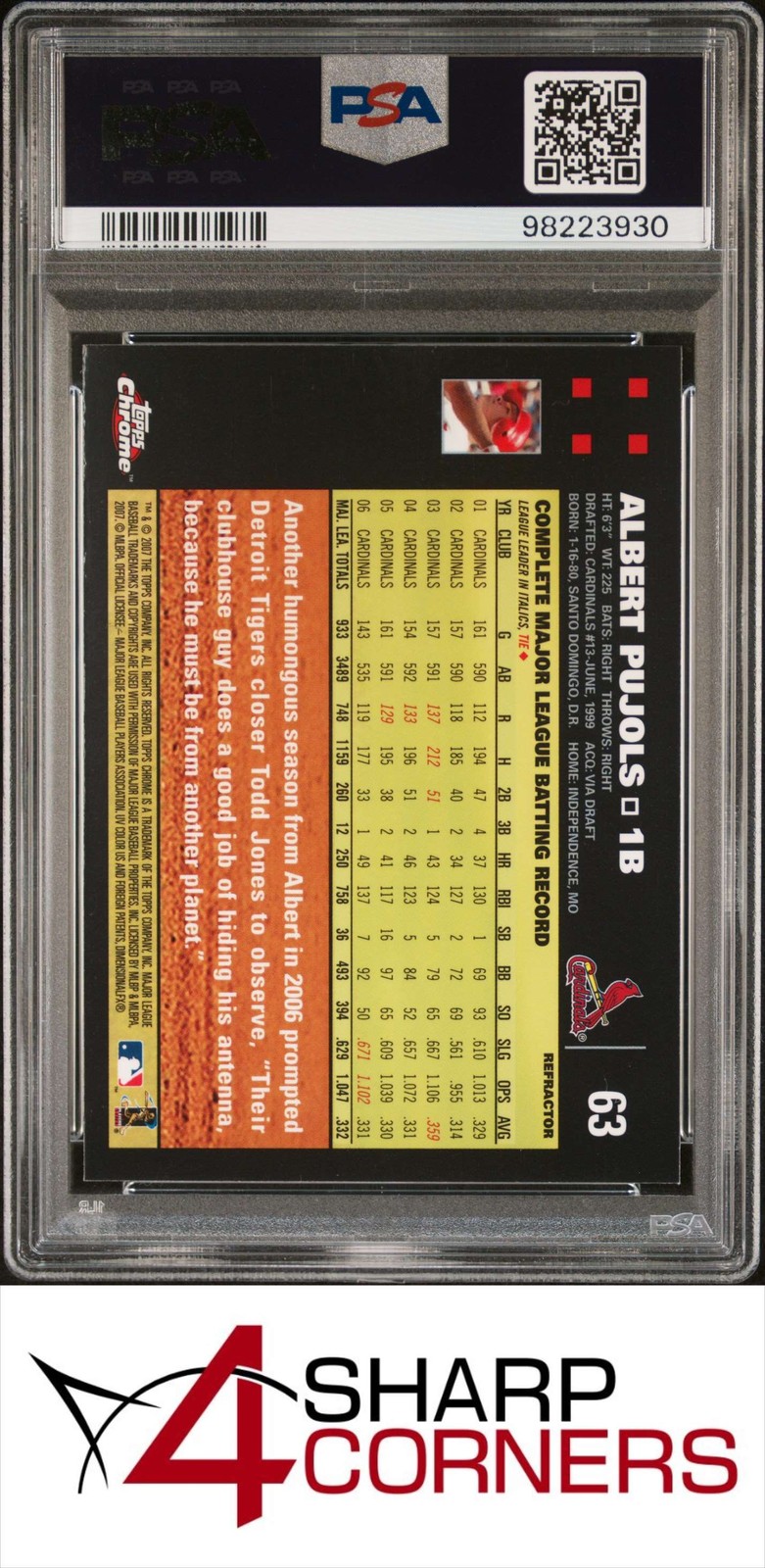 2007 TOPPS CHROME REFRACTOR #63 ALBERT PUJOLS CARDINALS PSA 9 view 2
