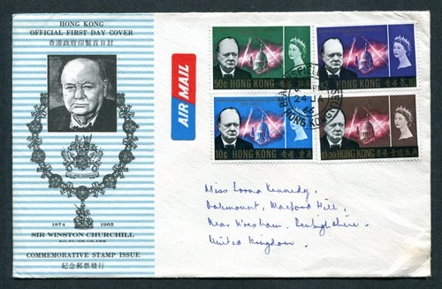 1966 Hong Kong QEII Churchill set stamps on FDC Beaconsfield House to GB UK