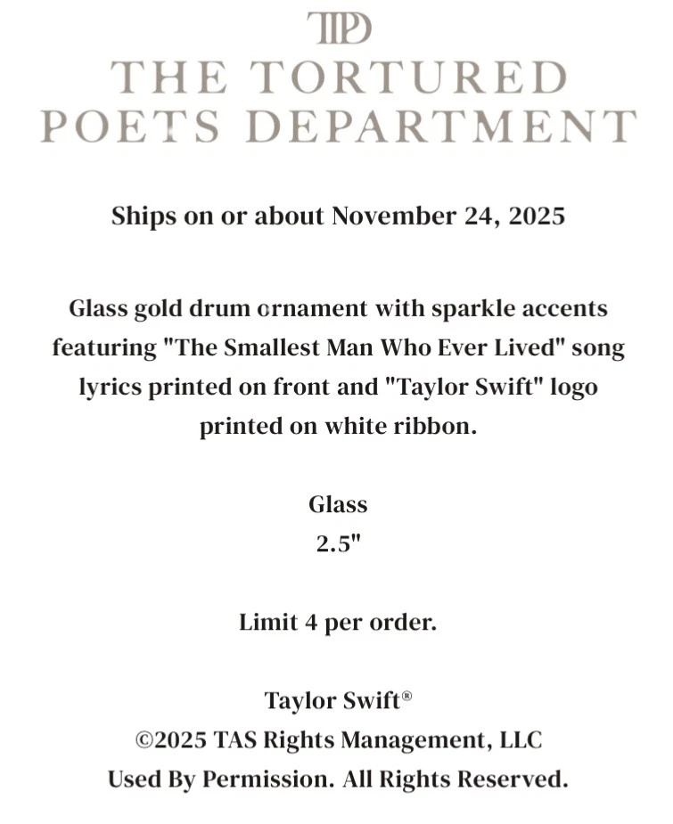 PREVENTA Taylor Swift EL HOMBRE MÁS PEQUEÑO QUE JAMÁS HAYA VIVIDO ADORNO DE BATERÍA PREVENTA Foto 4 de 4