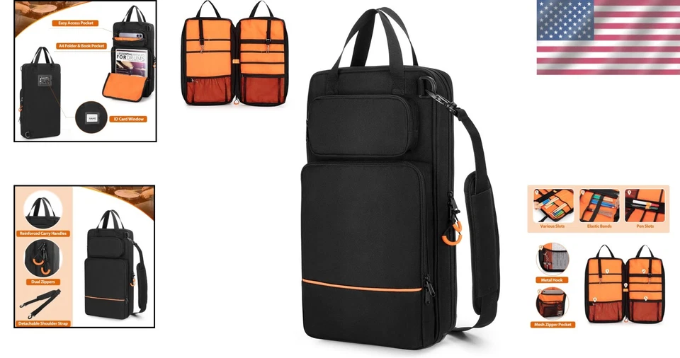 Bolsa para baquetas de gran capacidad con ganchos ajustables y bolsillos con cremallera - negra Foto 2 de 4