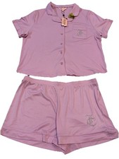 NWT Juicy Couture Womens L Pink Ribbed Pajama Set Rhinestone Logo Stretchy Comfy