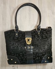 Etienne Aigner Black Signature Satchel Shoulder Bag Double Handle Brass Hardware