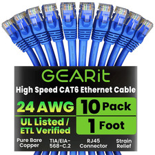 Cat6 Ethernet Network Cables, 10-Pack 1 ft Blue RJ45 Patch Cords 10 Gbps 