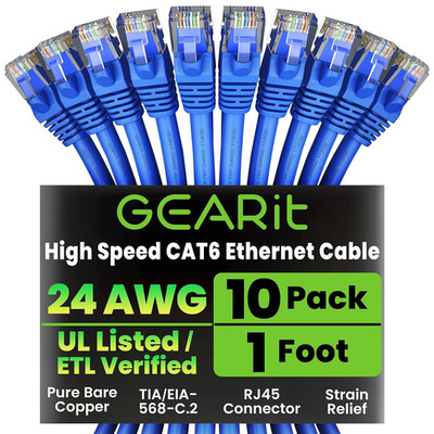 Cat6 Ethernet Network Cables, 10-Pack 1 ft Blue RJ45 Patch Cords (10 Gbps)