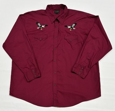 Vtg High Noon Embroidered Eagles Pearl Snap Long Sleeve Shirt Mens 3XLRG Maroon