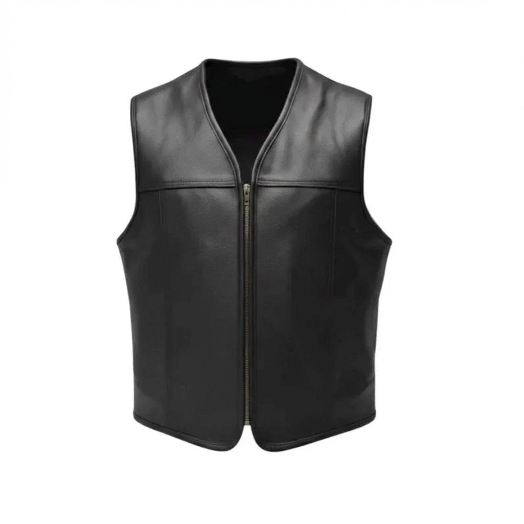Men's Biker Vest with Black Edges Genuine Cowhide Leather Motorcycle Style Vest