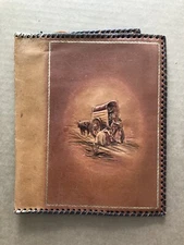 Vintage LEATHER Hand Made Tooled Book Cover w/ Bookmark embossed SETTLERS WAGON