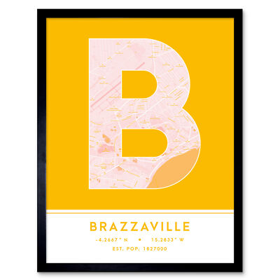 Brazzaville DR Kongo Stadtplan Typografie gerahmter Wandkunstdruck 12 x 16 Zoll