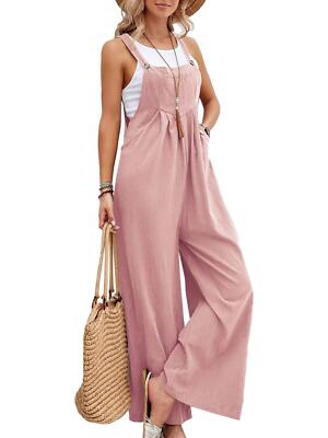Womens Linen Casual Jumpsuits Straps Bib Overalls Baggy Pleated Palazzo Pants