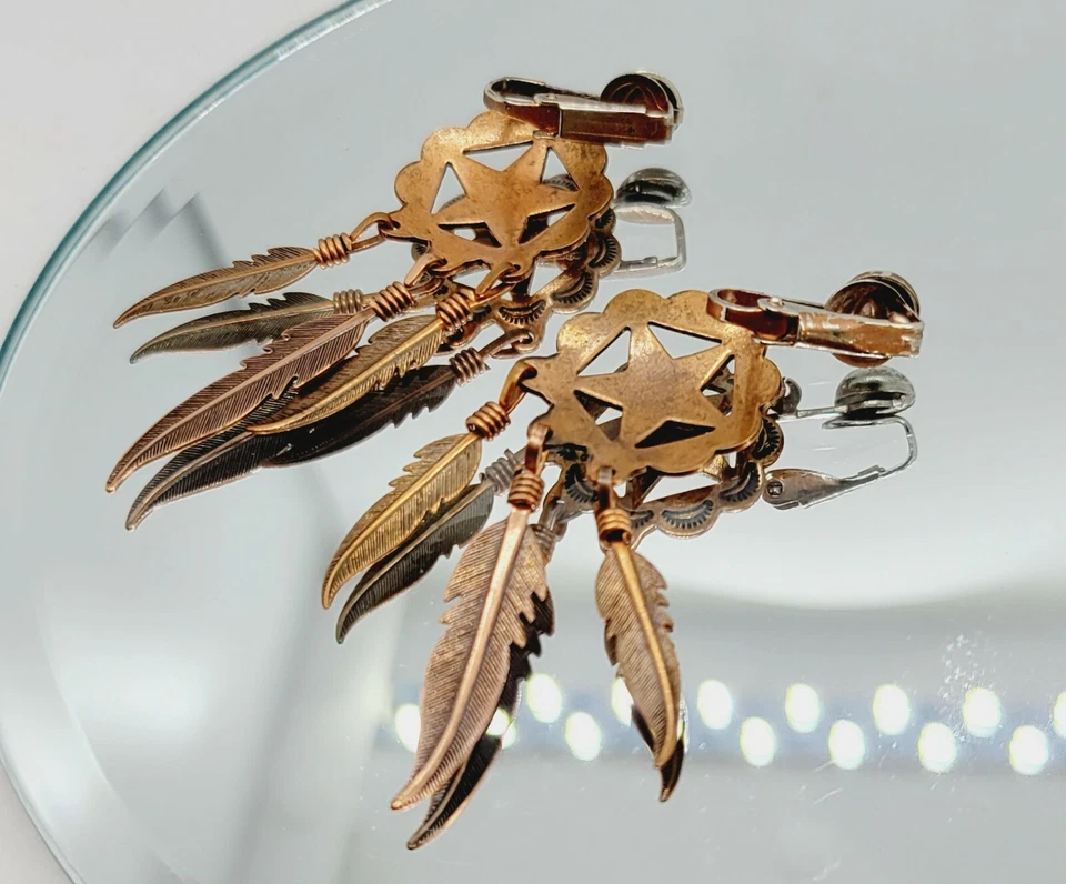 Pendientes WESTERN Cobre Hecho a Mano Cuelga CLIP EN PLUMA Estrella Vaquera Foto 2 de 2