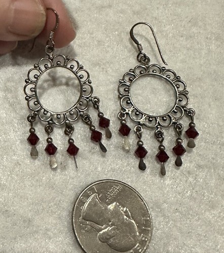 Lovely Earrings Sterling Silver Filigree AB Red Fringed Crystal French Hook
