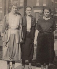 1920s Three Pretty Women Standing Sidewalk Urban Street Fashion Dresses