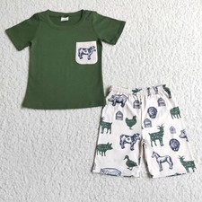 Boys Green Short Sleeve Shirt Shorts Set Farm Animal Print 2pcs Summer Outfit