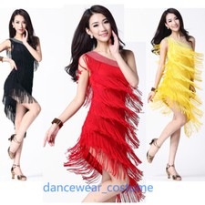 Women Diagonal Shoulder Latin Dance Dress Tango Ballroom Jazz Salsa Tassel Skirt