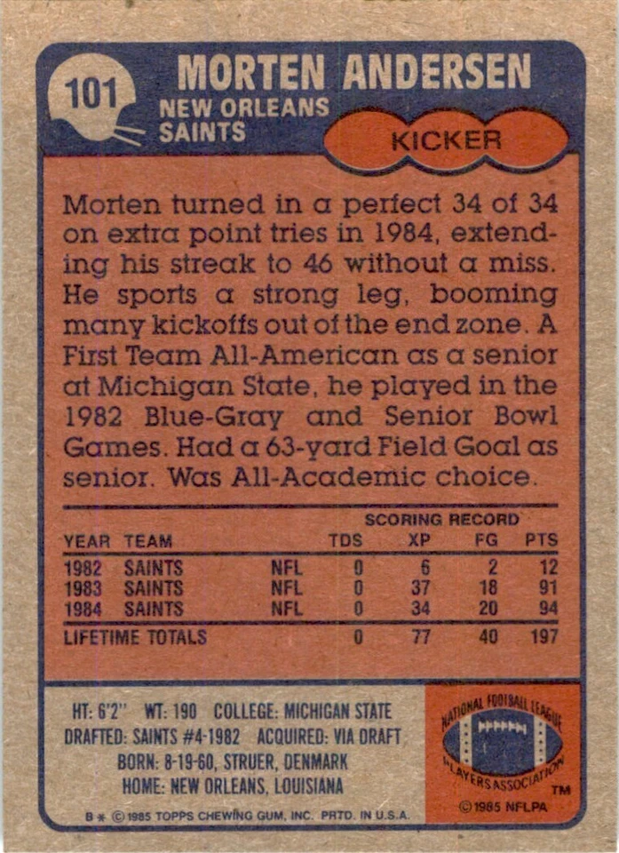 1985 TOPPS MORTEN ANDERSEN NEW ORLEANS SAINTS #101 - Image 2 of 2