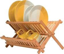 Dish Drying Rack - Collapsible 2-Tier Bamboo Dish Drainer Kitchen Plate Rack ...