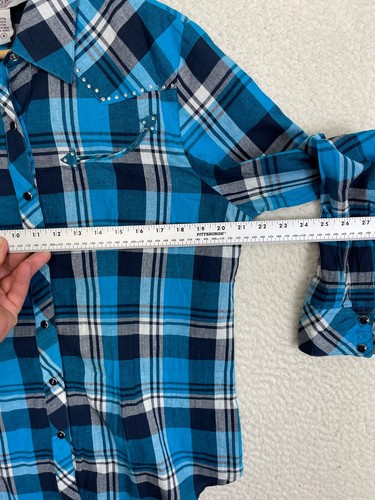 Gibson Shirt Woman Cotton LS Arrow Rhinestone Pearl Snap Button Up Plaid Blue M - Picture 4 of 8
