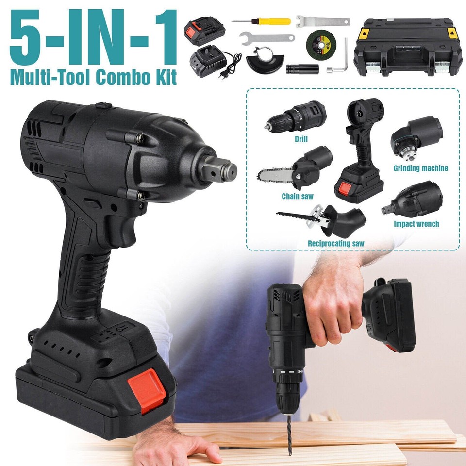 5IN1 Cordless Drill Combo Kit MultiTool Saw Wrench Power Tool Set + 2