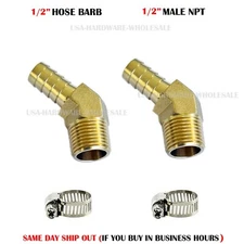 2PC 1/2HOSE BARB X 1/2 MALE NPT Brass ELBOW 45 DEGREE Pipe Fitting Thread GAS..