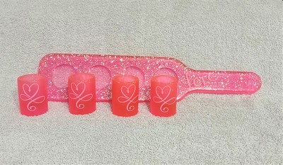 Handmade shot flight with matching shot glasses Pink Hearts Glow in the Dark