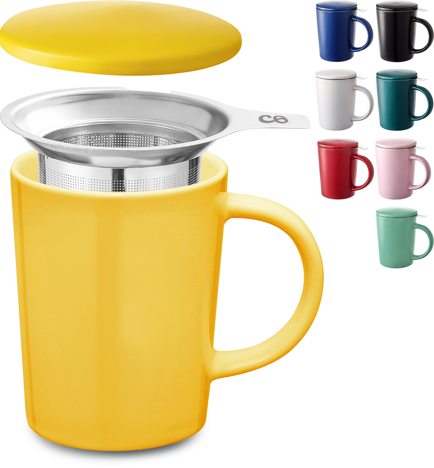 Teetasse mit Sieb und Deckel Keramik Tee Becher Teeglas Porzellan Set Gelb