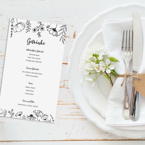 10 Menükarten zum Bedrucken FLOWERS Getränkekarten Hochzeit - Picture 2 of 4