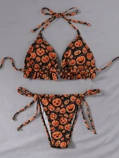 2 piece SHEIN Halloween Pumpkin Face Halter Bikini Swimsuit CHOOSE SIZE