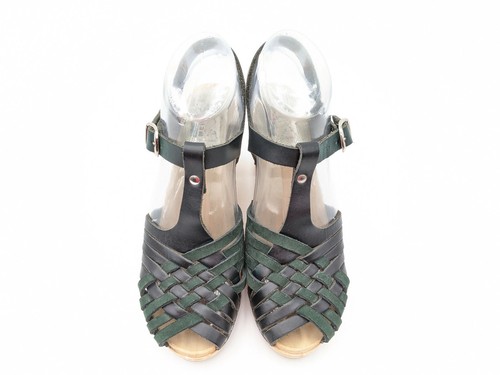 Maguba Palma Black Green Leather Strappy Wood Sandal Women 6 - 6.5 /36 - Picture 5 of 9