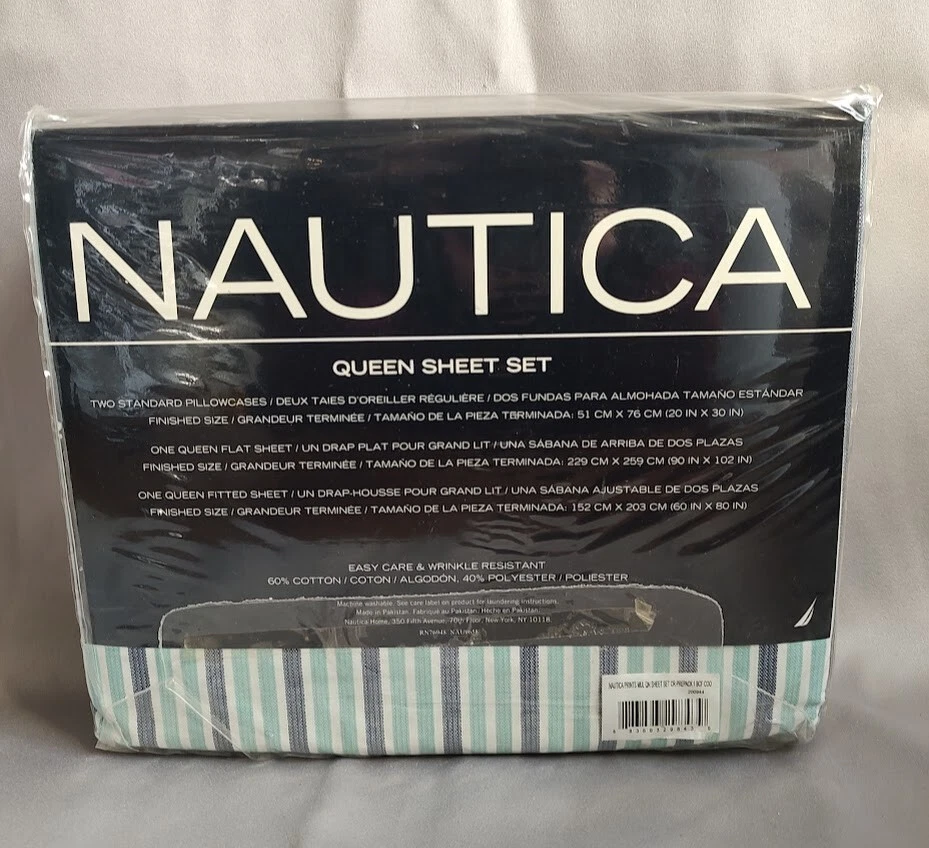 Nautica - Juego de sábanas Queen de 4 piezas a rayas (azul/verde azulado/blanco) - Nuevo en paquete Foto 2 de 3