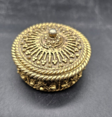 Celeste Ornate Gold Tone 2'' Round Trinket / Pill Box / Salt Cellar w Lid Metal