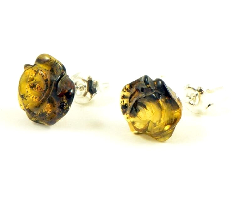Boucles d'oreilles fleurs ambre vert argent 925 pendantes pour femme élégante