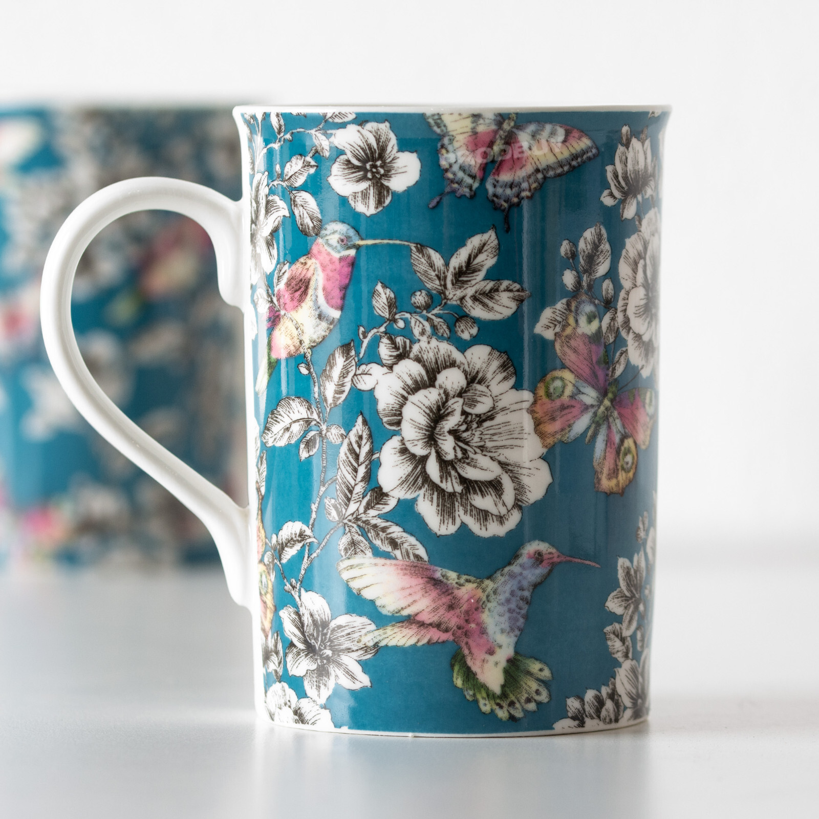 Set of 6 White & Blue Floral Hummingbird Coffee Mugs 300ml Fine China
