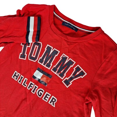 90s tommy hilfiger dress Vintage Sweater Size Small Spell Out Red White Black Color:dusty blue contemporary way to bring New Wedding Gowns 90s Square Neck Dress