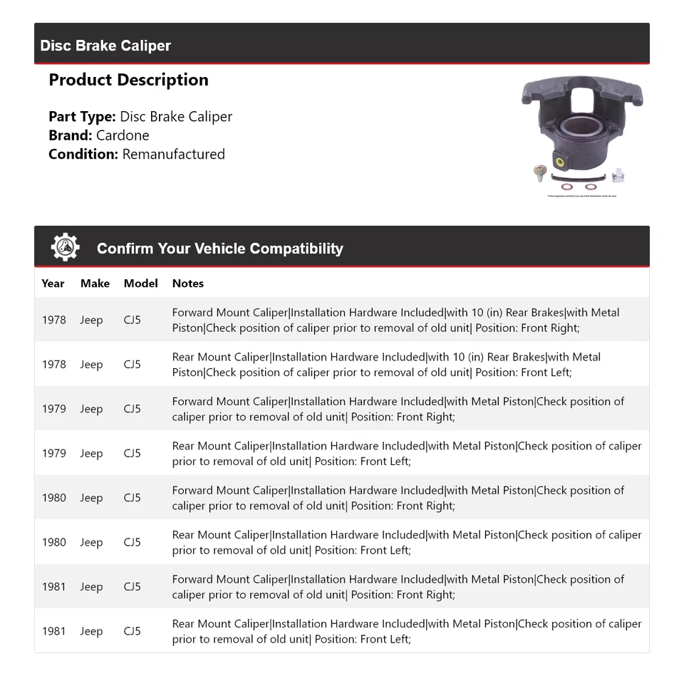 Pinça de freio a disco Cardone 1979 1980 Jeep CJ5 1978-1981 - Imagem 2 de 4