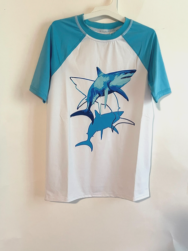 Lands’ End Size Medium (8) Short Sleeve Tee Rash Guard Swim White/Blue Sharks
