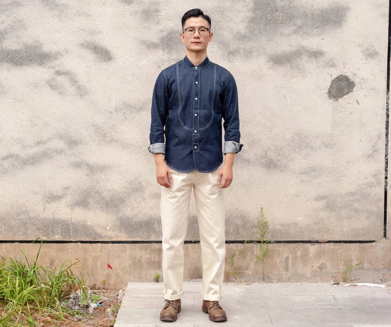 Collarless denim shirt mens sales
