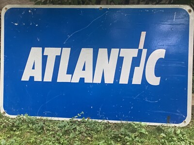Vintage ATLANTIC Gas Oil Road Sign 30x18 Metal Industrial Mancave Decor