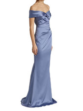 nwt Teri Jon Rickie Freeman Satin Off-Shoulder Gown Slate Blue 12