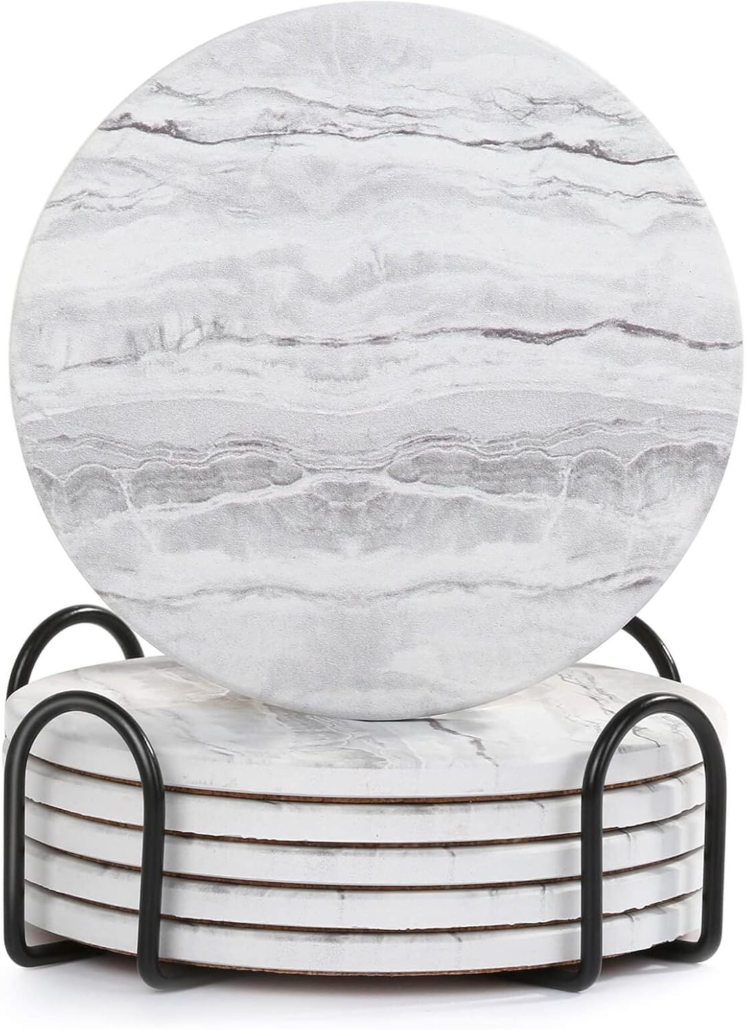 Drink Coasters with Holder for Coffee Table, Absorbent Coaster Set of 6, Marble