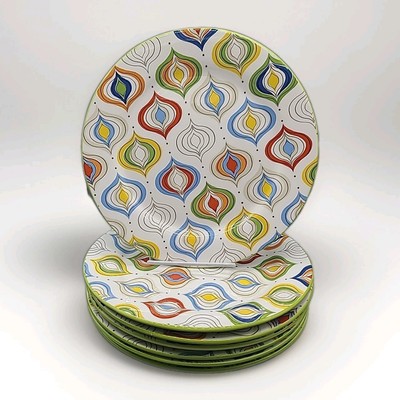 Pier 1 Cosmo set (7) Dinner Plates 10-3/4  Retired Ceramic colorful funky NEW