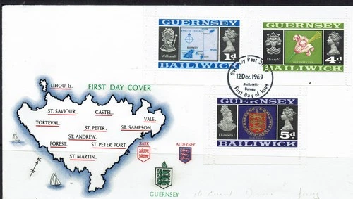 GUERNSEY 1969, 1 P, 4 P and 5 P DEFINITIVES BOOKLET STAMPS ON FDC - L825