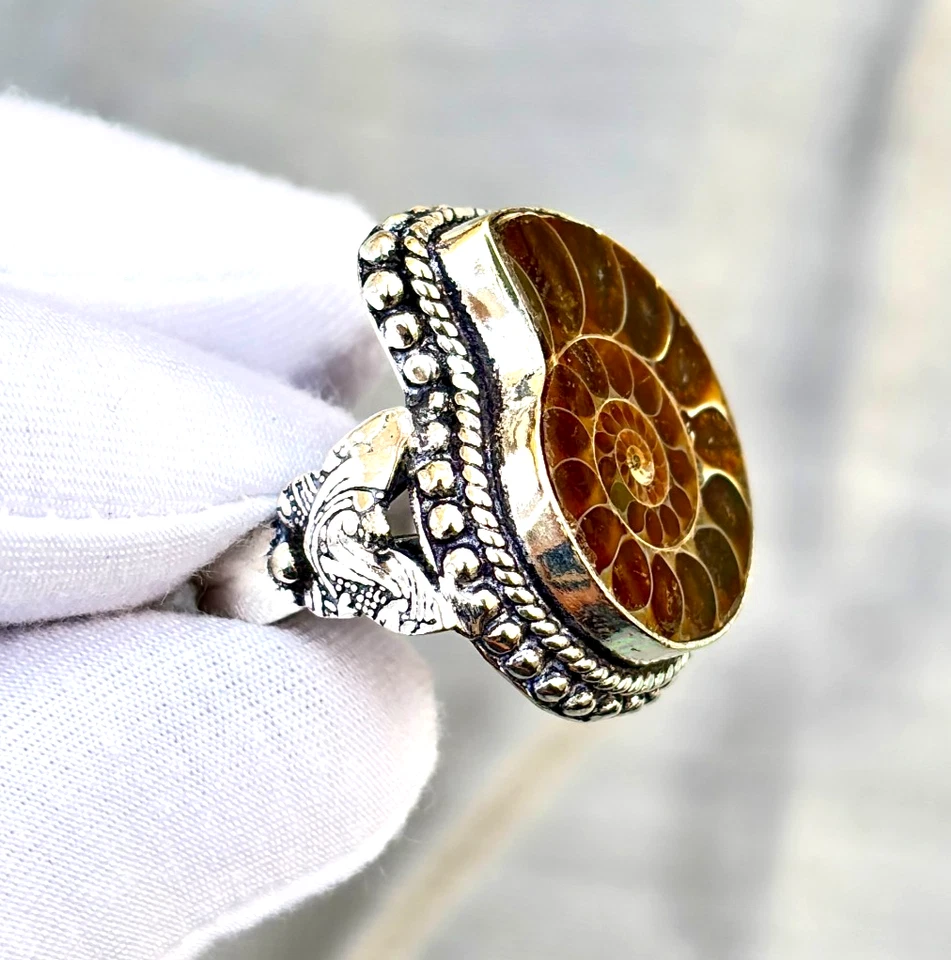 Anel étnico feito à mão de pedra preciosa de amonita natural prata esterlina 925 - Imagem 3 de 4