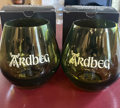 2 Green Ardbeg Islay Scotch Whisky Glasses Stemless Tumblers Single Malt Bar Set