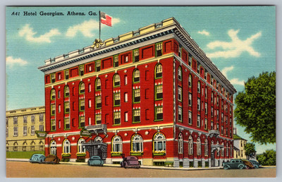 Postcard Hotel Georgian Athens Georgia American Flag Old Cars Linen